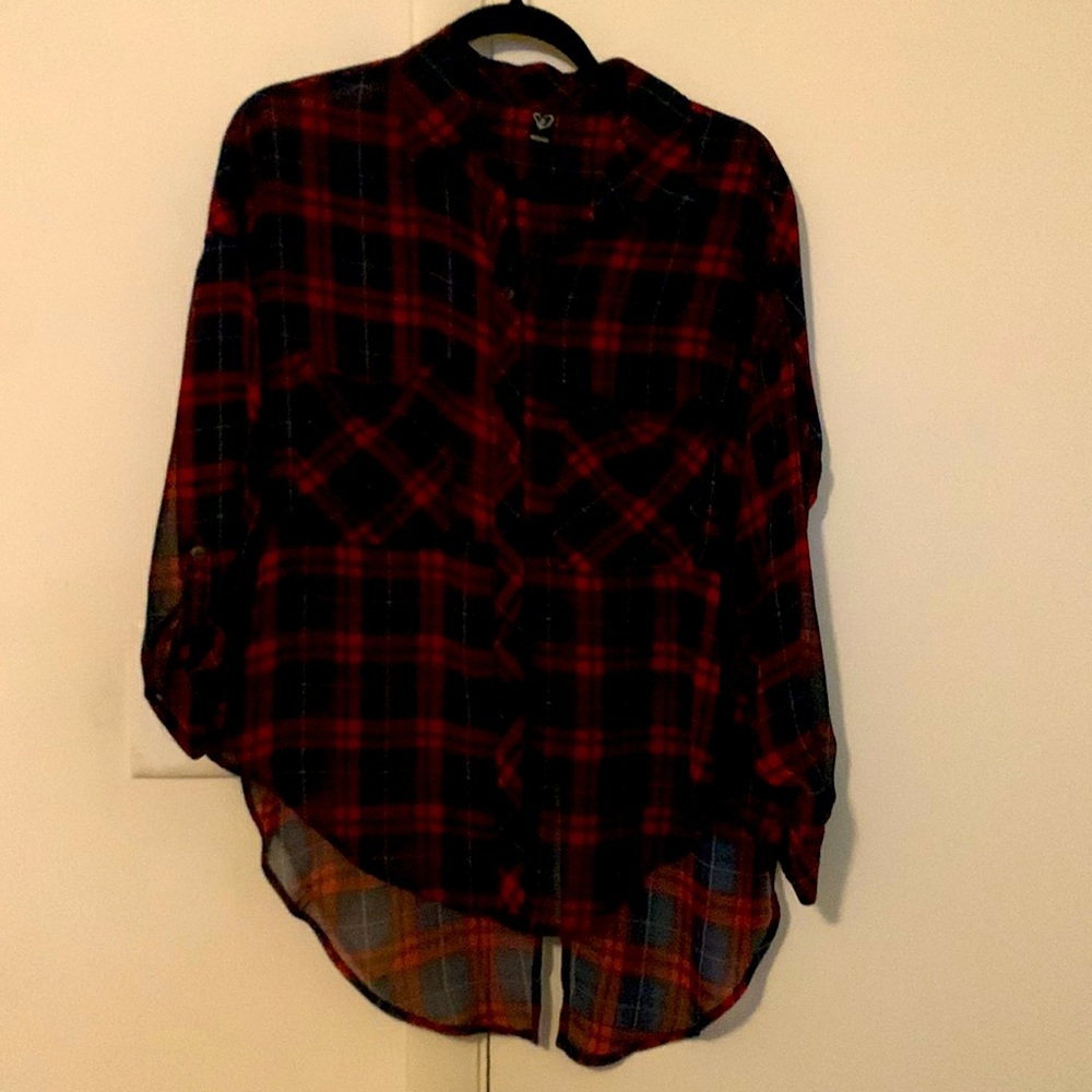 Red and blue sheer plaid button down top with split back